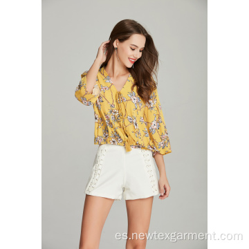 blusa floral estampada con cuello en V para mujer tejida